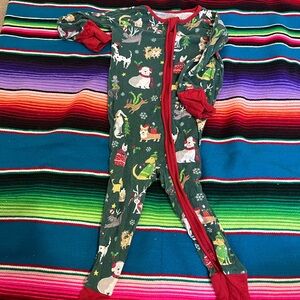 Baby Holiday Animal Print One-Piece Pajamas - Green with Red Trim